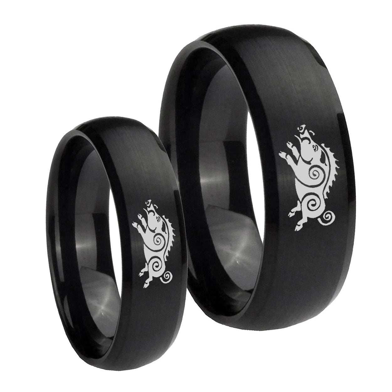 Wild Boar Dome Brush Black Tungsten Bridal Set Ring