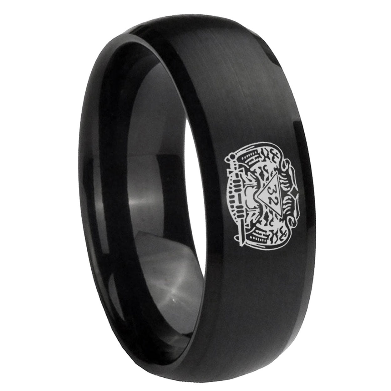 10mm Masonic 32 Degree Freemason Dome Brush Black Tungsten Carbide Men's Wedding Band