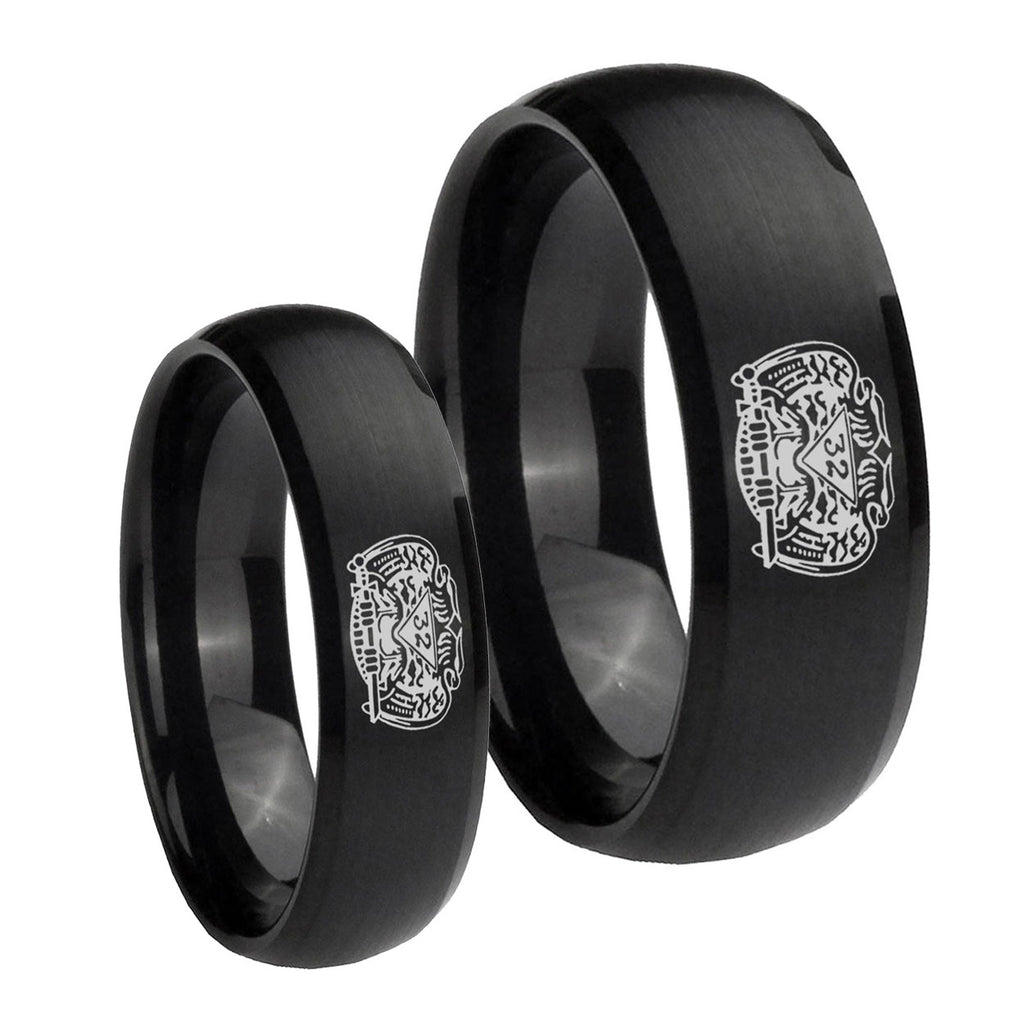 Masonic 32 Degree Freemason Dome Brush Black Tungsten Couple Wedding Rings