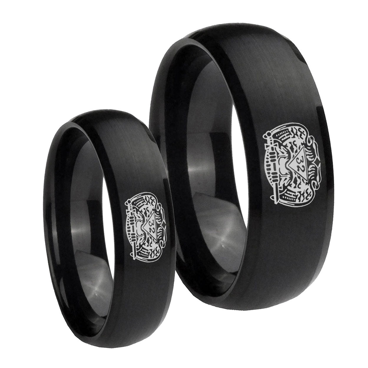 Masonic 32 Degree Freemason Dome Brush Black Tungsten Couple Wedding Rings