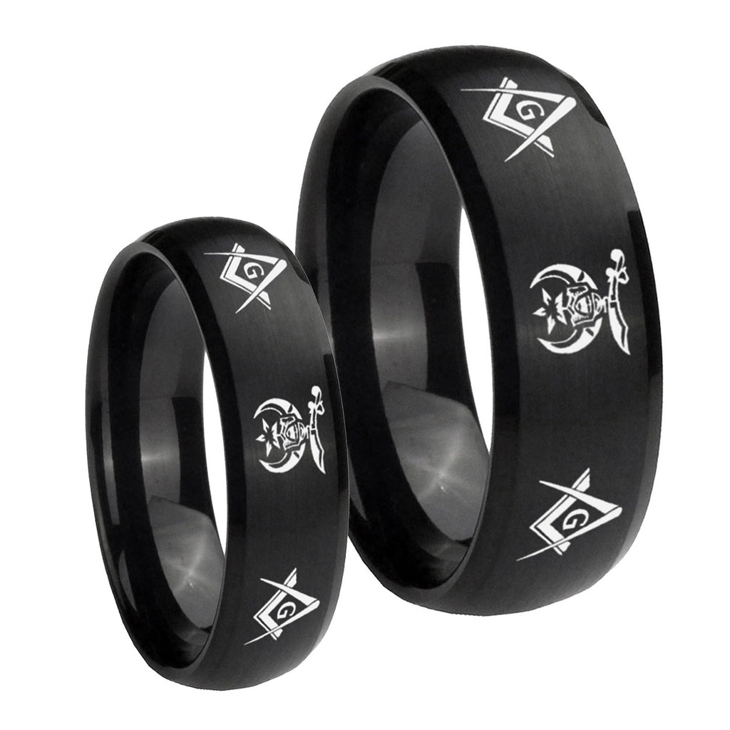 Masonic Shriners Dome Brush Black Tungsten Wedding Set Ring