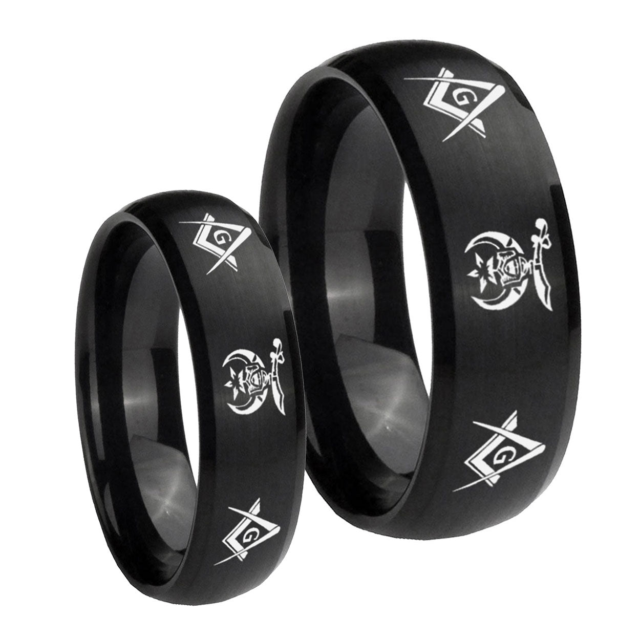 Masonic Shriners Dome Brush Black Tungsten Wedding Set Ring