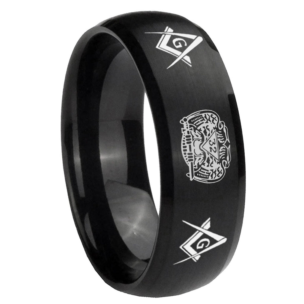 8MM Masonic 32 Design Dome Brush Black Tungsten Mens Bands Ring