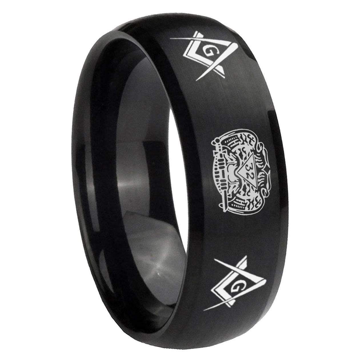 8MM Masonic 32 Design Dome Brush Black Tungsten Mens Bands Ring