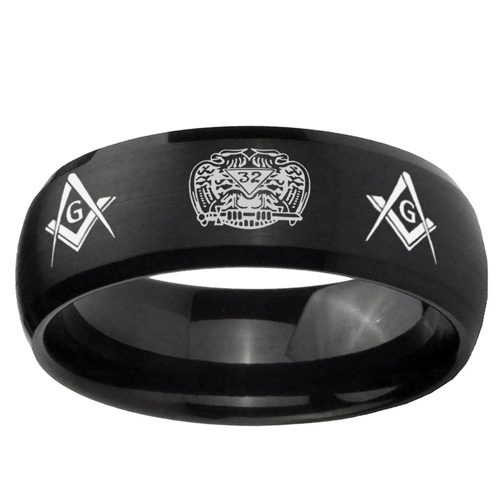 10mm Masonic 32 Design Dome Brush Black Tungsten Ring