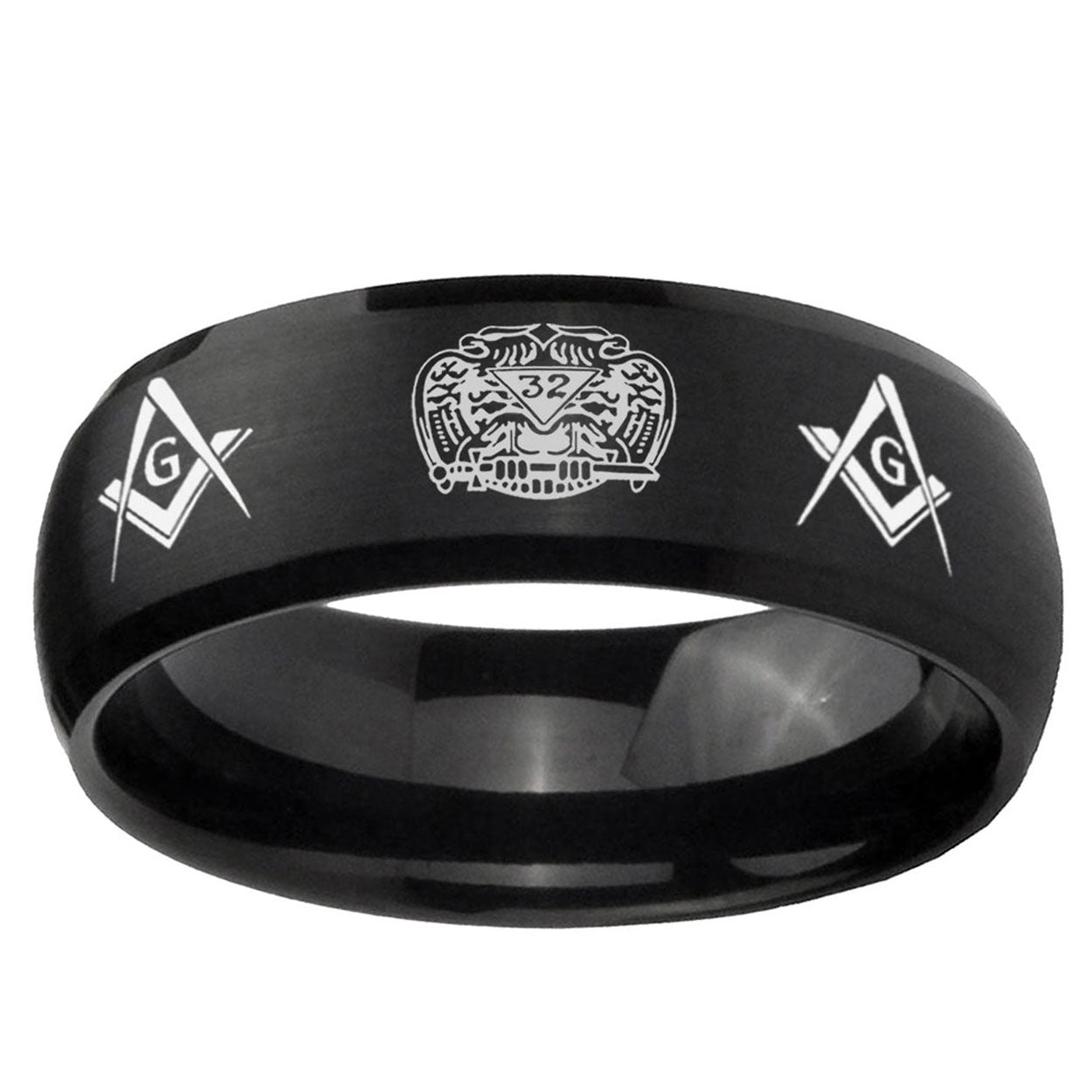 10mm Masonic 32 Design Dome Brush Black Tungsten Ring