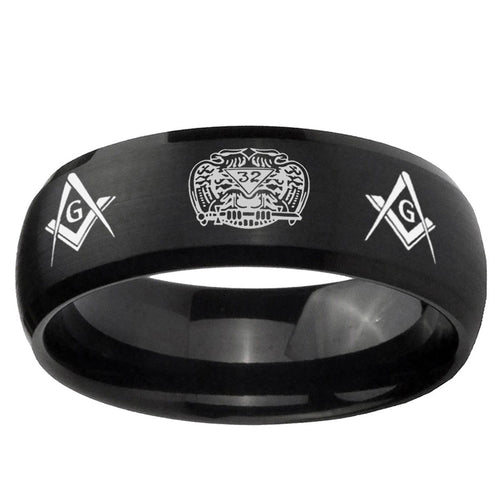 10mm Masonic 32 Design Dome Brush Black Tungsten Ring