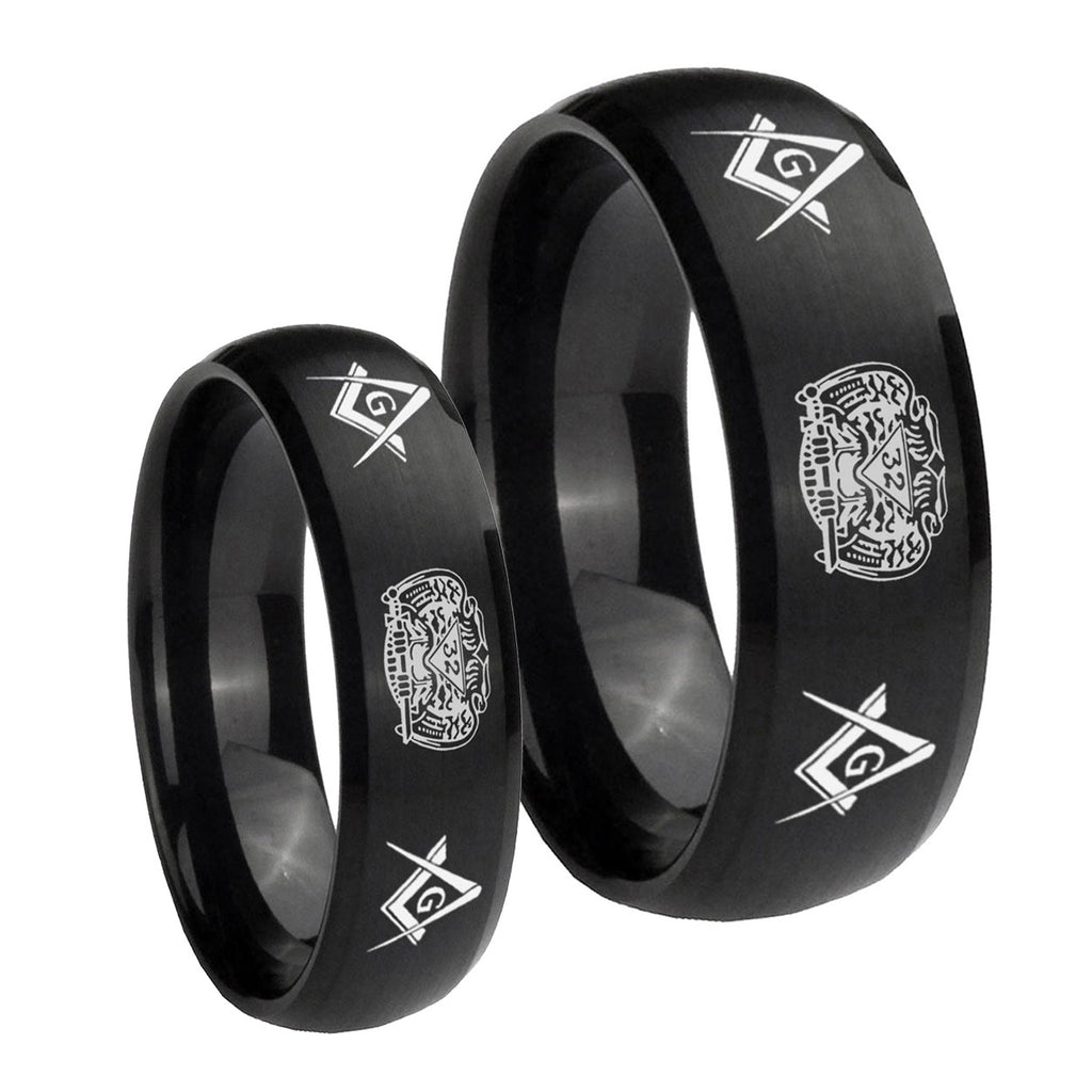 Masonic 32 Design Dome Brush Black Tungsten His Hers Ring Set