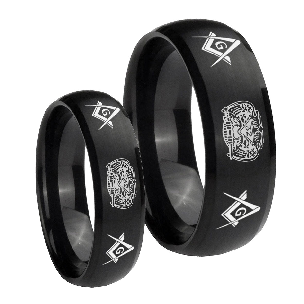 Masonic 32 Design Dome Brush Black Tungsten His Hers Ring Set
