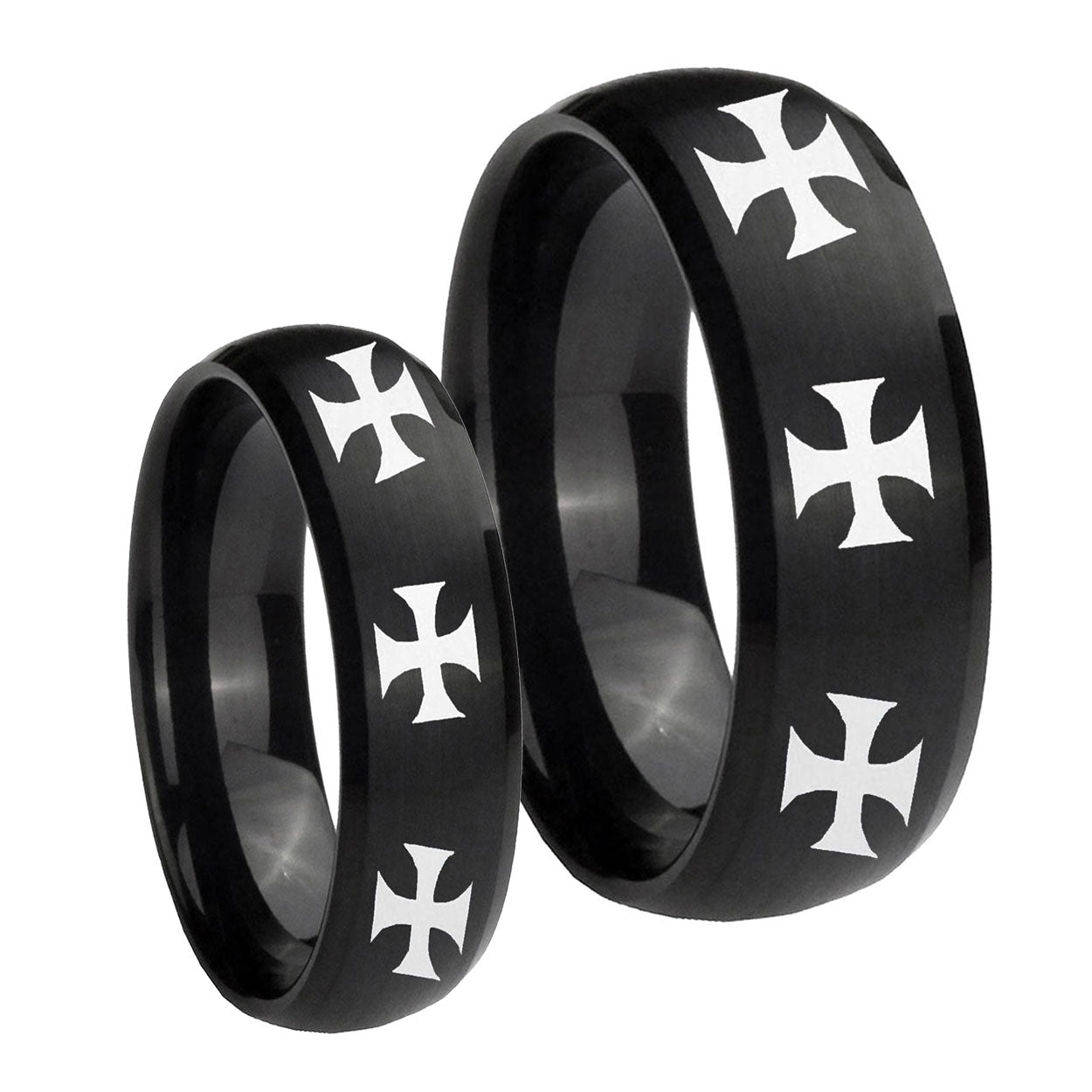 Multiple Maltese Cross Dome Brush Black Tungsten Couple Wedding Rings