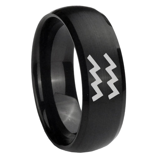 10mm Aquarius Horoscope Dome Brush Black Tungsten Carbide Engagement Ring