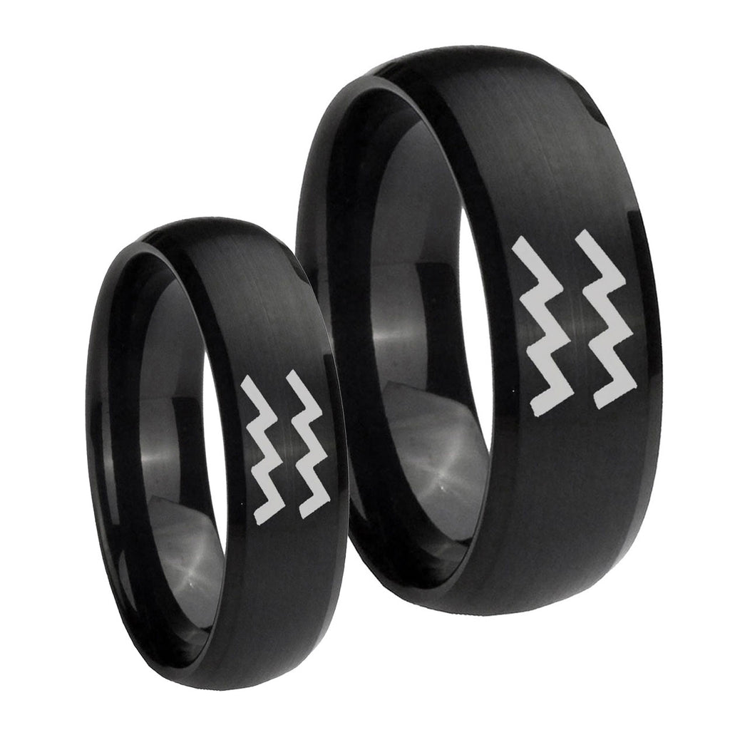 Aquarius Horoscope Dome Brush Black Tungsten Mens Band Set