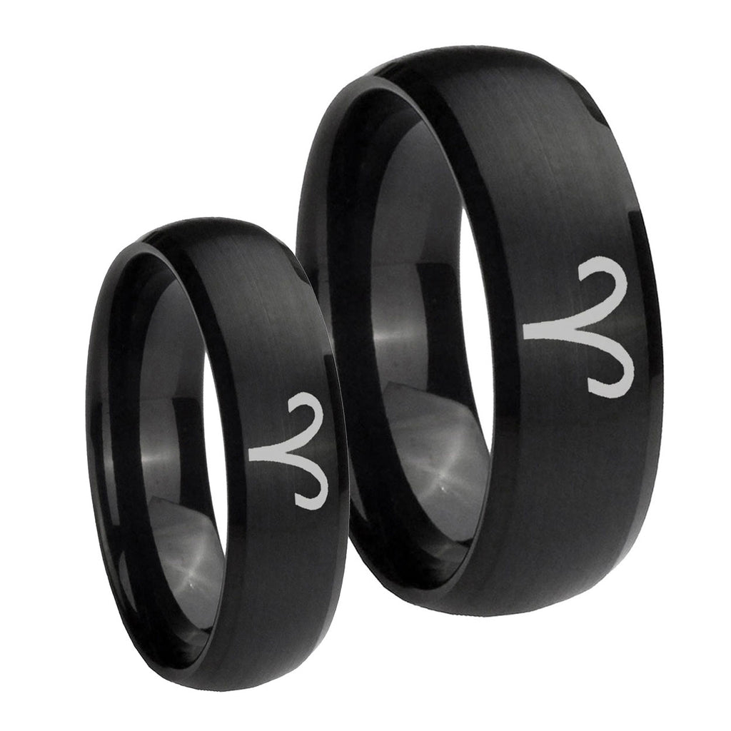 Aries Zodiac Dome Brush Black Tungsten Wedding Ring Set