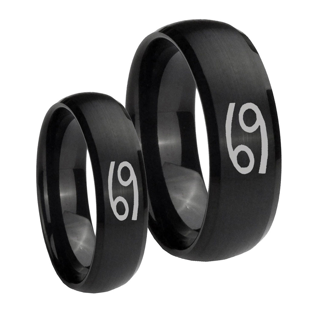 Cancer Horoscope Dome Brush Black Tungsten Wedding Set Rings