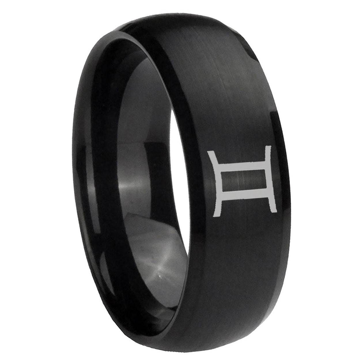 10mm Gemini Zodiac Dome Brush Black Tungsten Carbide Mens Bands Ring