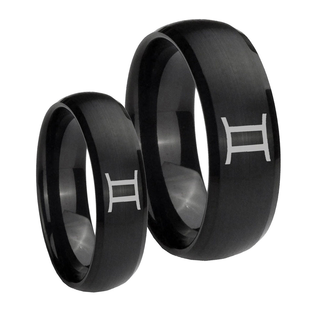 Gemini Zodiac Dome Brush Black Tungsten Bridal Set Rings