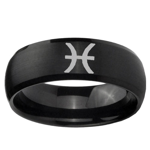 10mm Pisces Zodiac Dome Brush Black Tungsten Ring