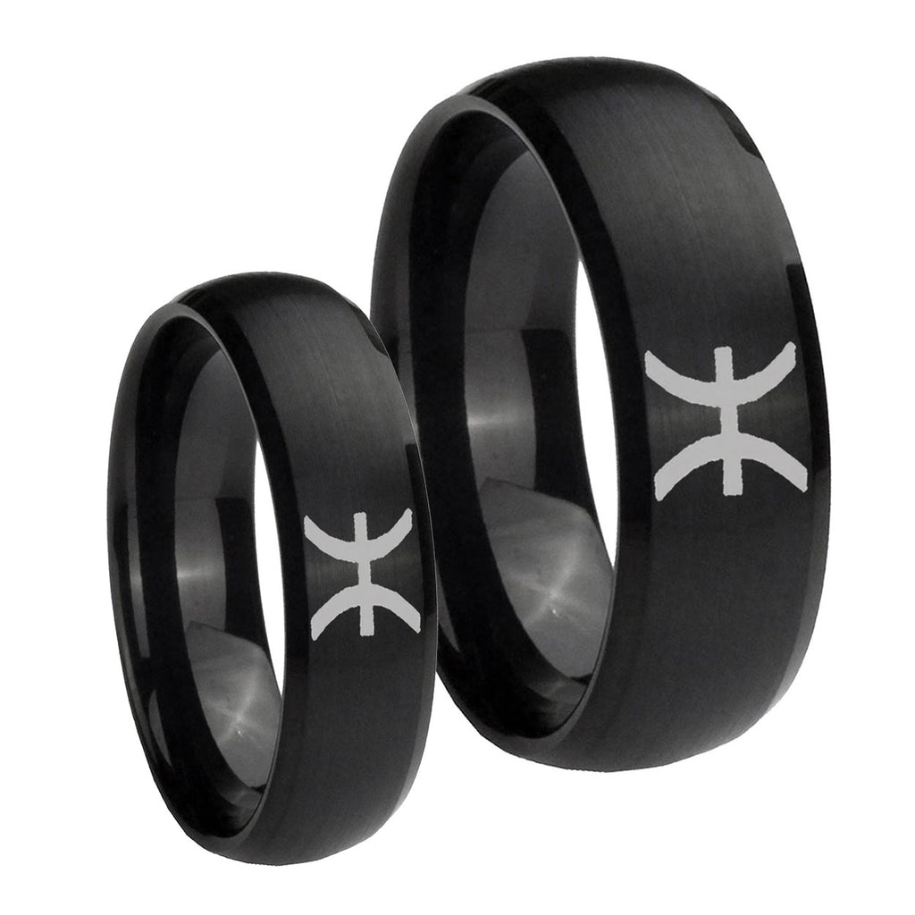 Pisces Zodiac Dome Brush Black Tungsten Wedding Ring Sets