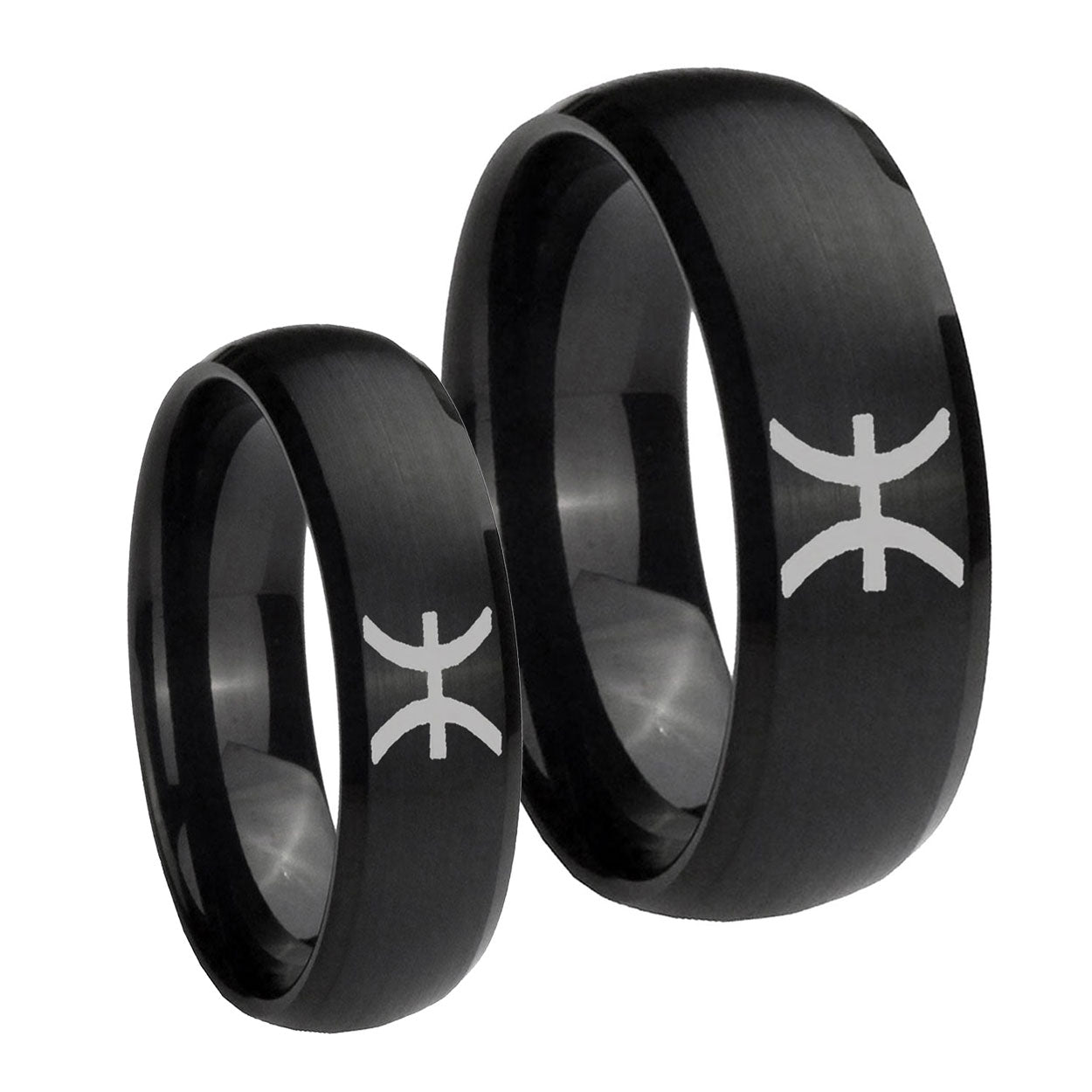 Pisces Zodiac Dome Brush Black Tungsten Wedding Ring Sets