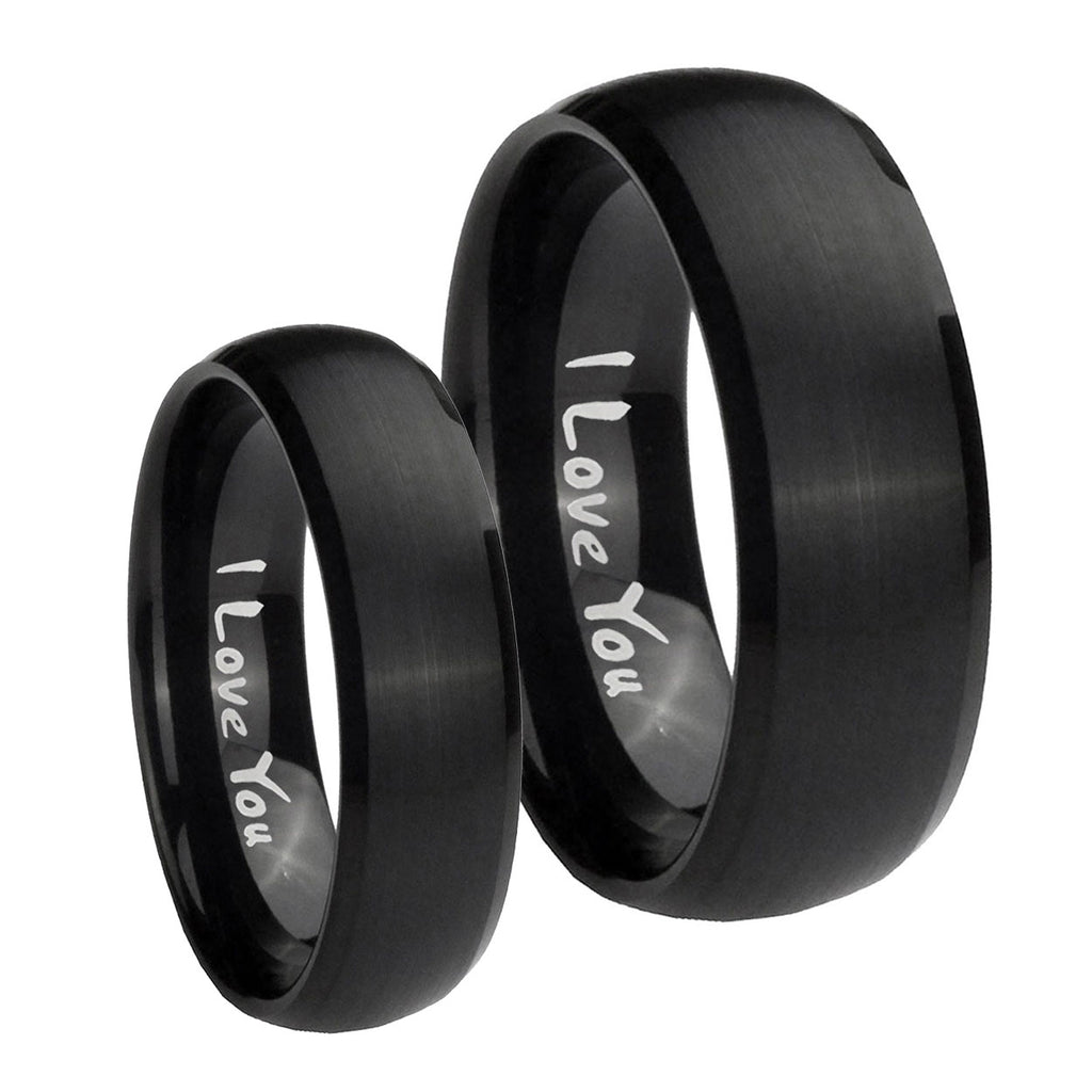 I Love You Dome Brush Black Tungsten Wedding Ring Sets