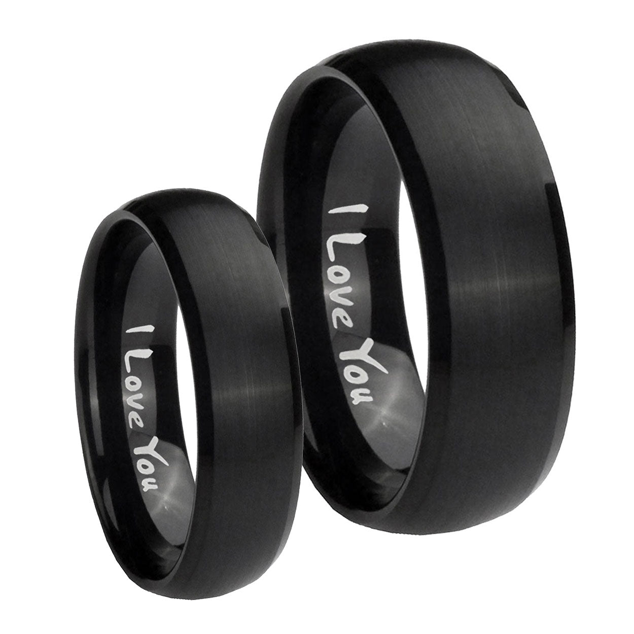 I Love You Dome Brush Black Tungsten Wedding Ring Sets