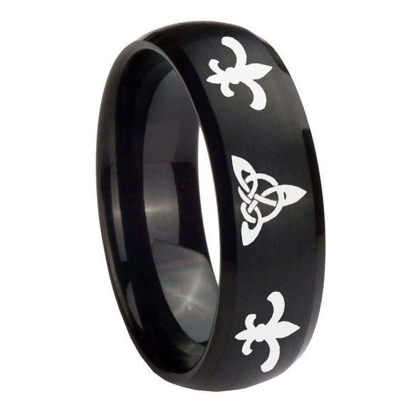 8mm-Celtic-Triangle-Fleur-De-Lis-Dome-Brush-Black-Tungsten-Men's-Wedding-Band