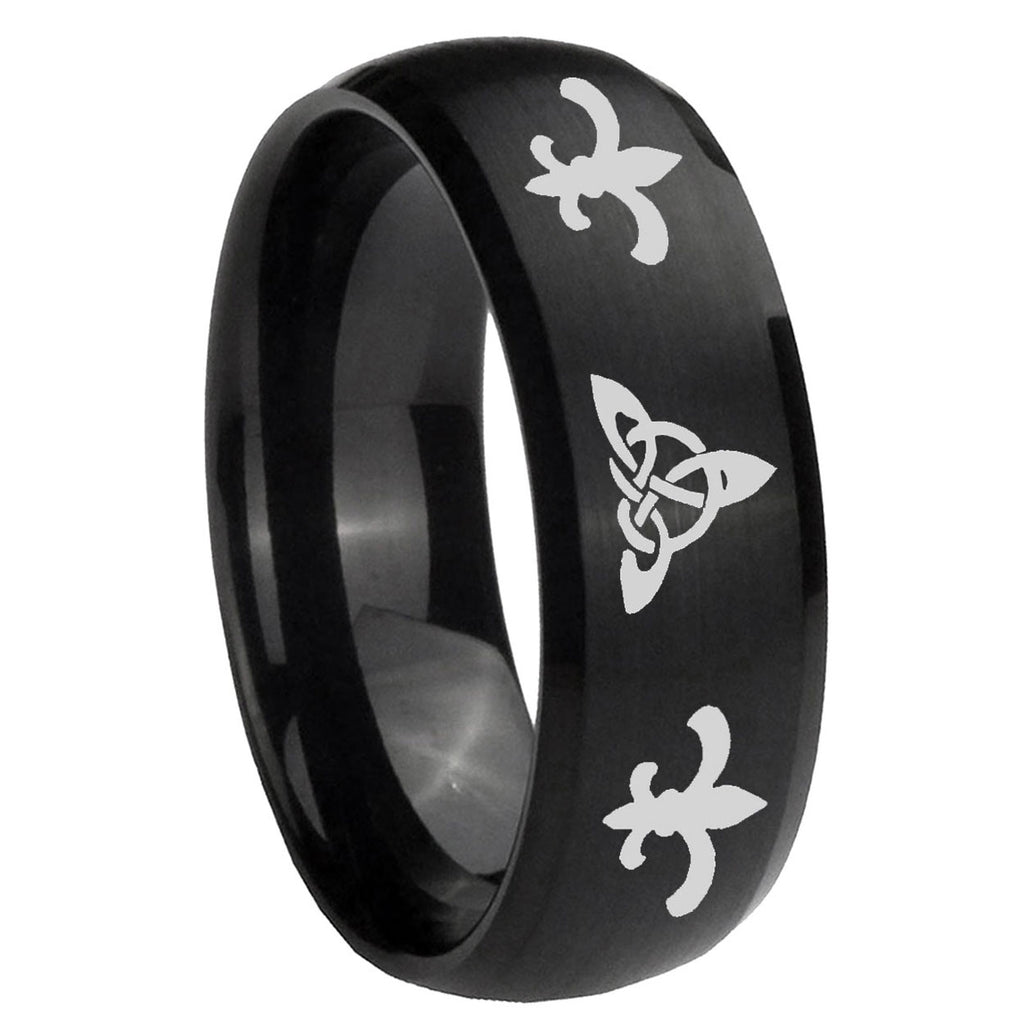 10mm Celtic Triangle Fleur Delis Dome Brush Black Tungsten Wedding Band Ring