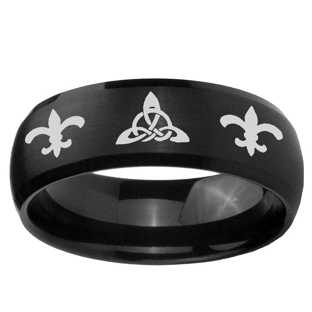 10mm Celtic Triangle Fleur-De-Lis Dome Brush Black Tungsten Ring