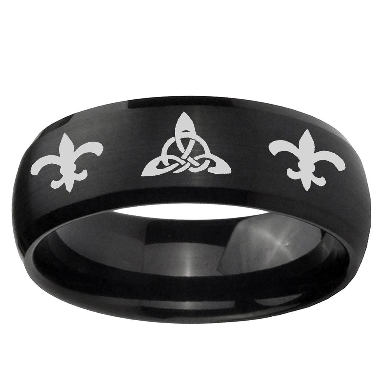 10mm Celtic Triangle Fleur-De-Lis Dome Brush Black Tungsten Ring