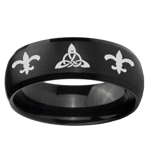 10mm Celtic Triangle Fleur-De-Lis Dome Brush Black Tungsten Ring
