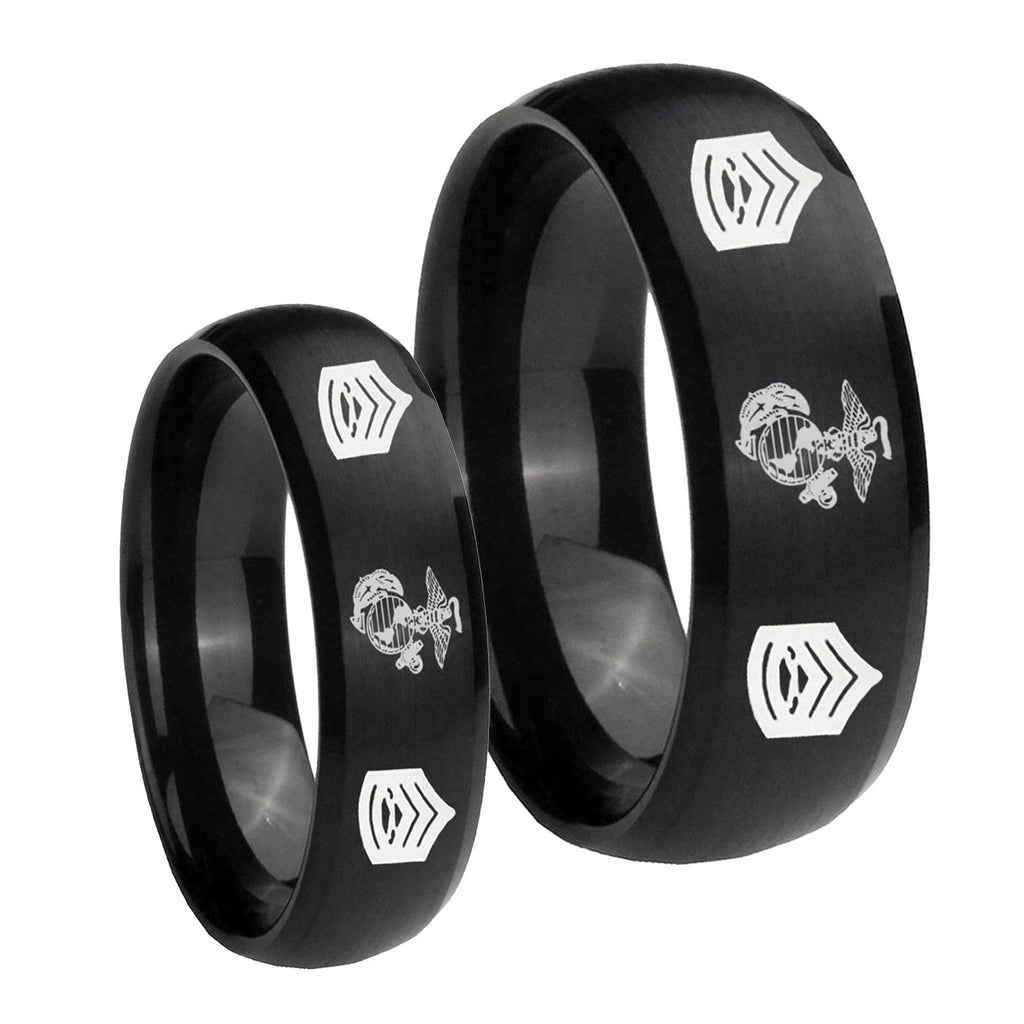 Marine Army Sergeant Dome Brush Black Tungsten Mens Ring Set