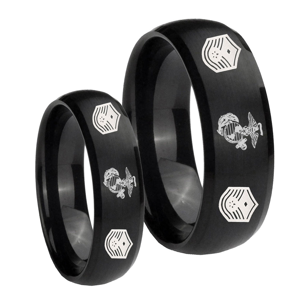 Marine Chief Master Sergeant Dome Brush Black Tungsten Mens Ring Set