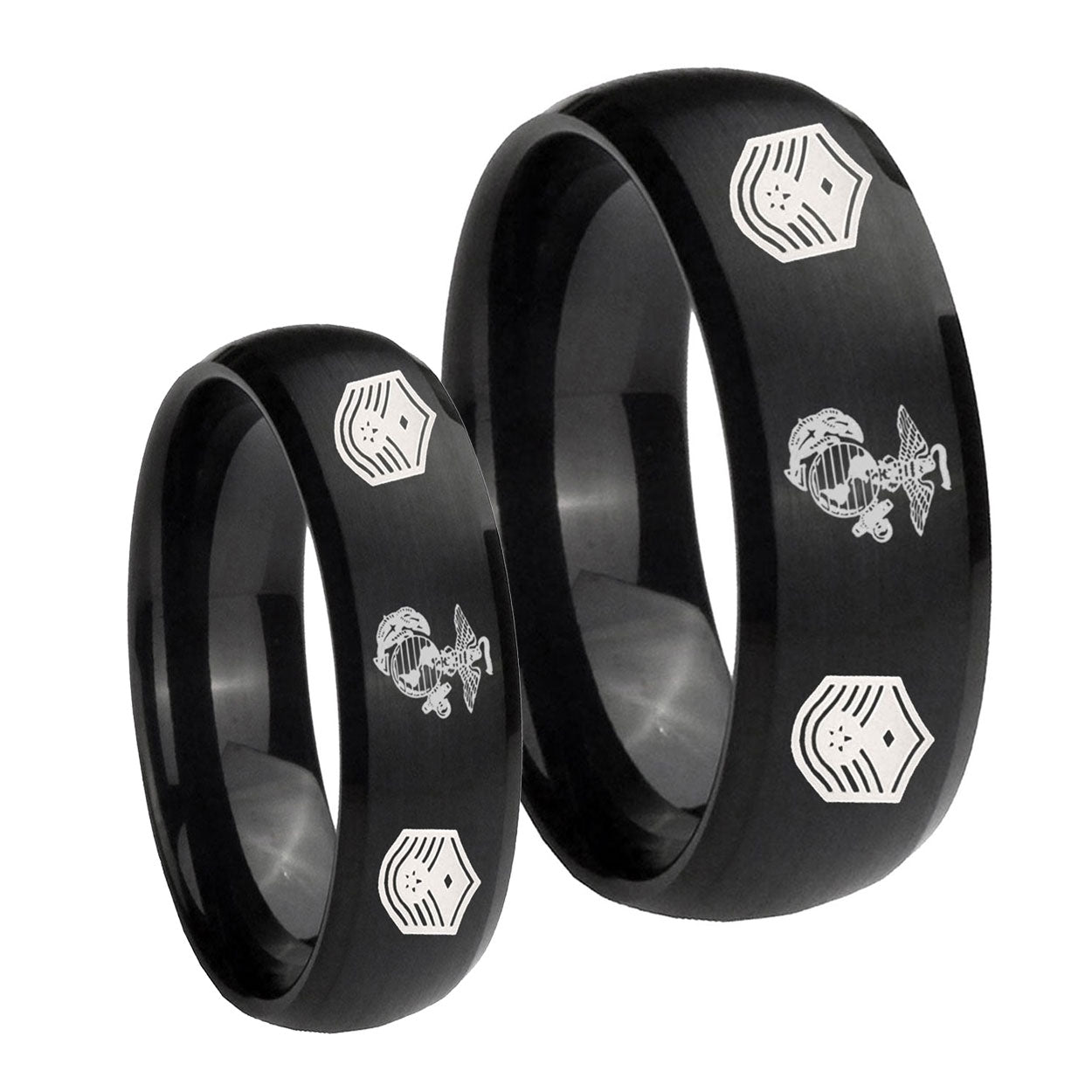 Marine Chief Master Sergeant Dome Brush Black Tungsten Mens Ring Set