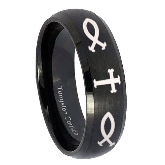 10mm-Fish-&-Cross-Dome-Brush-Black-Tungsten-Carbide-Promise-Ring