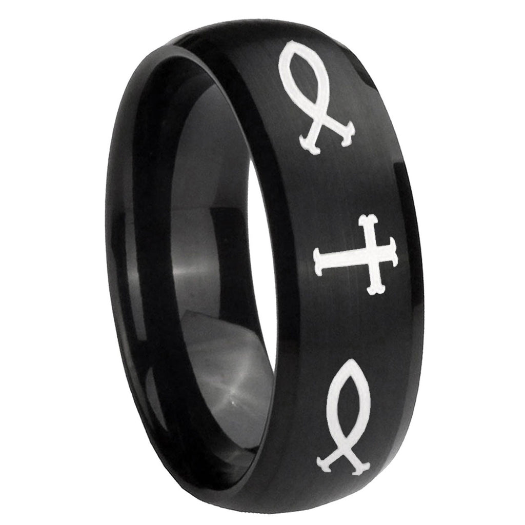 10mm Fish & Cross Dome Brush Black Tungsten Carbide Promise Ring