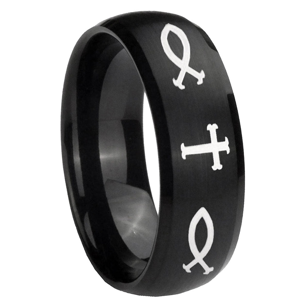 10mm Fish & Cross Dome Brush Black Tungsten Carbide Promise Ring