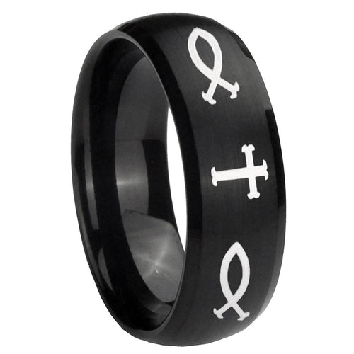 10mm Fish & Cross Dome Brush Black Tungsten Carbide Promise Ring