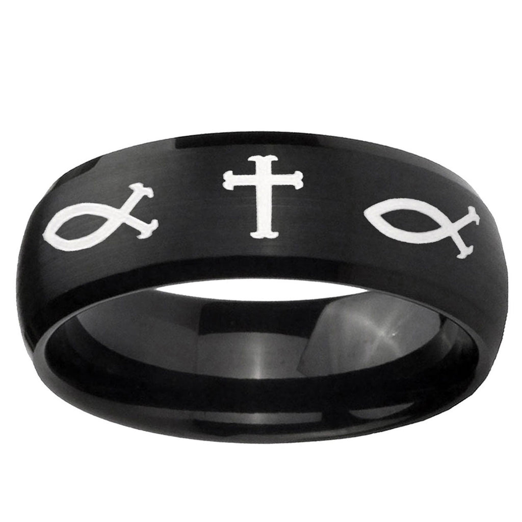 10mm Fish & Cross Dome Brush Black Tungsten Carbide Promise Ring