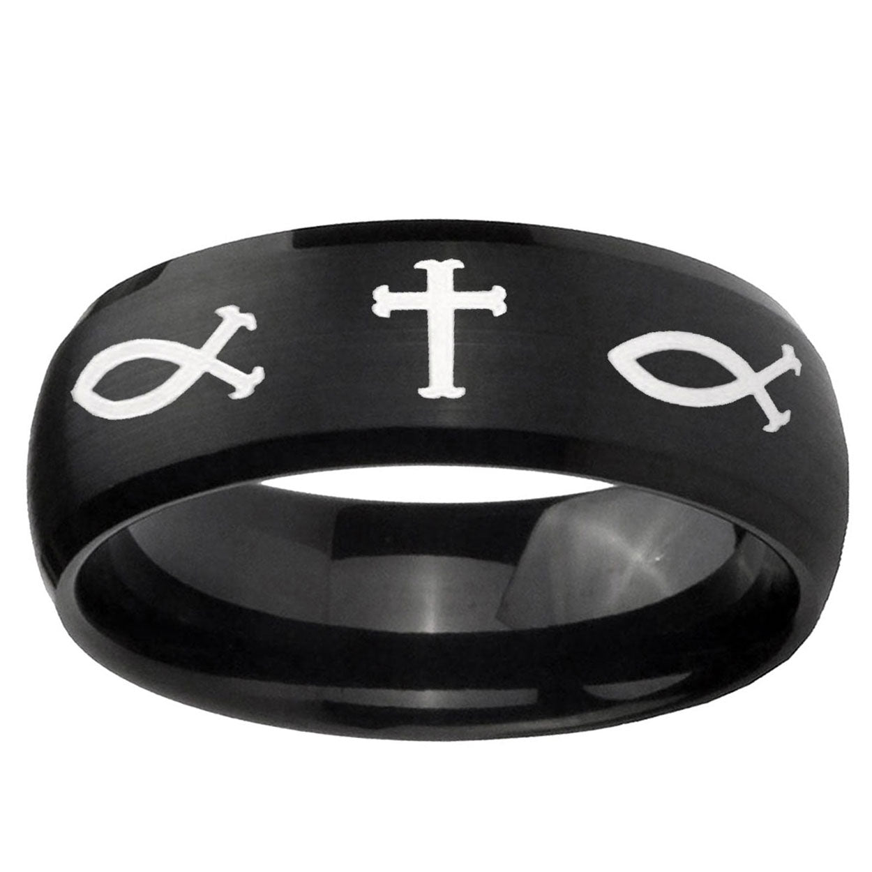10mm Fish & Cross Dome Brush Black Tungsten Carbide Promise Ring