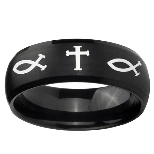 10mm Fish & Cross Dome Brush Black Tungsten Carbide Promise Ring
