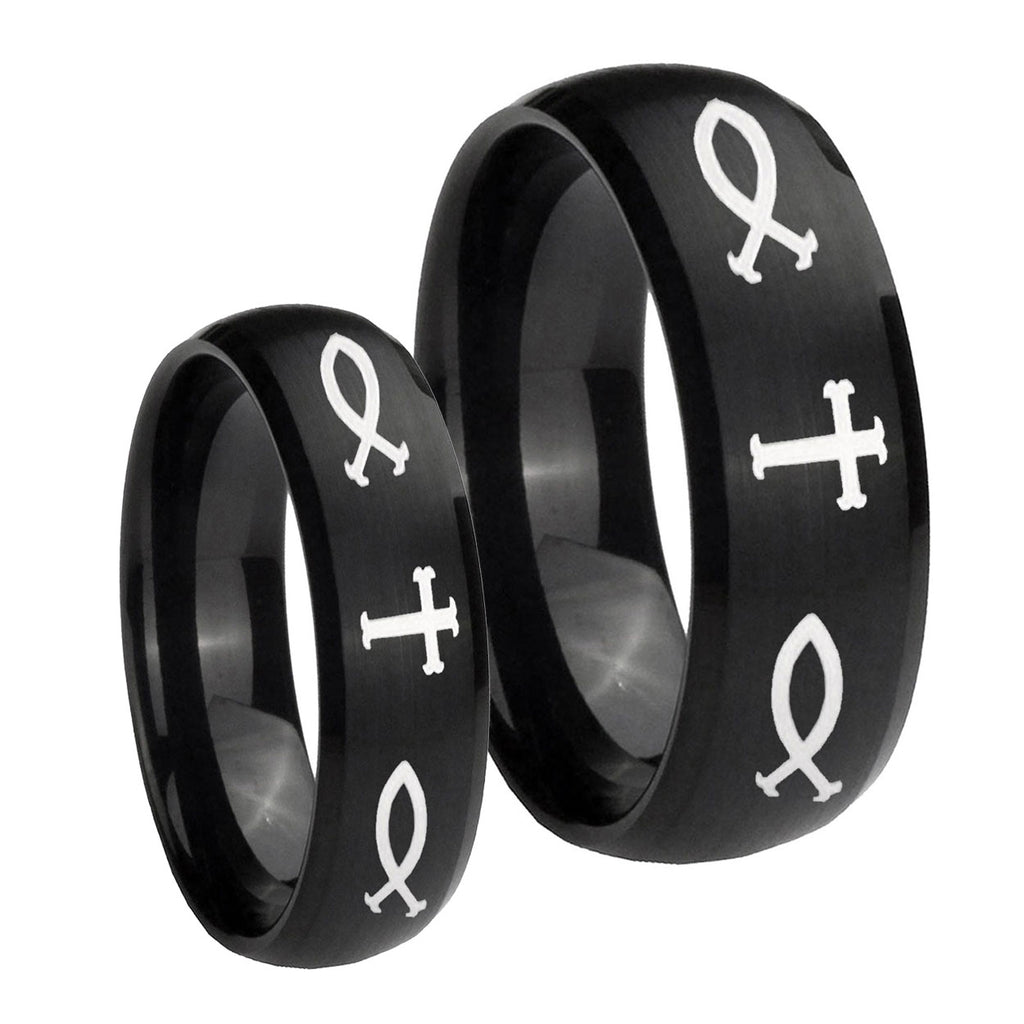 Fish & Cross Dome Brush Black Tungsten Couples Ring Set