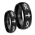 Fish & Cross Dome Brush Black Tungsten Couples Ring Set