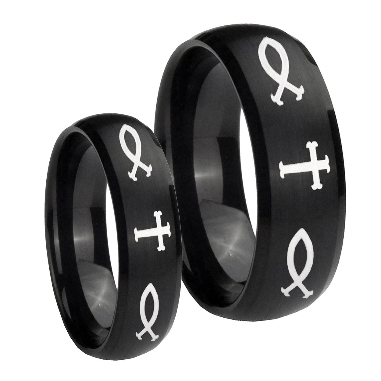 Fish & Cross Dome Brush Black Tungsten Couples Ring Set
