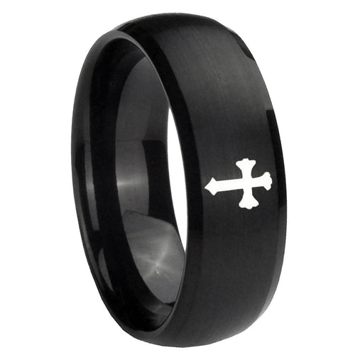 10mm Flat Christian Cross Dome Brush Black Tungsten Carbide Rings for Men