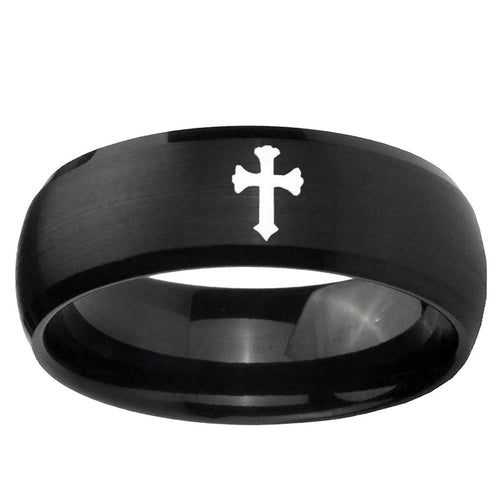 10mm Flat Christian Cross Dome Brush Black Tungsten Ring