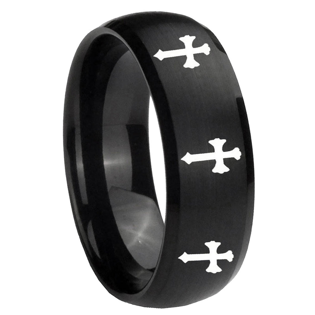 10mm Multiple Christian Cross Dome Brush Black Tungsten Custom Mens Ring