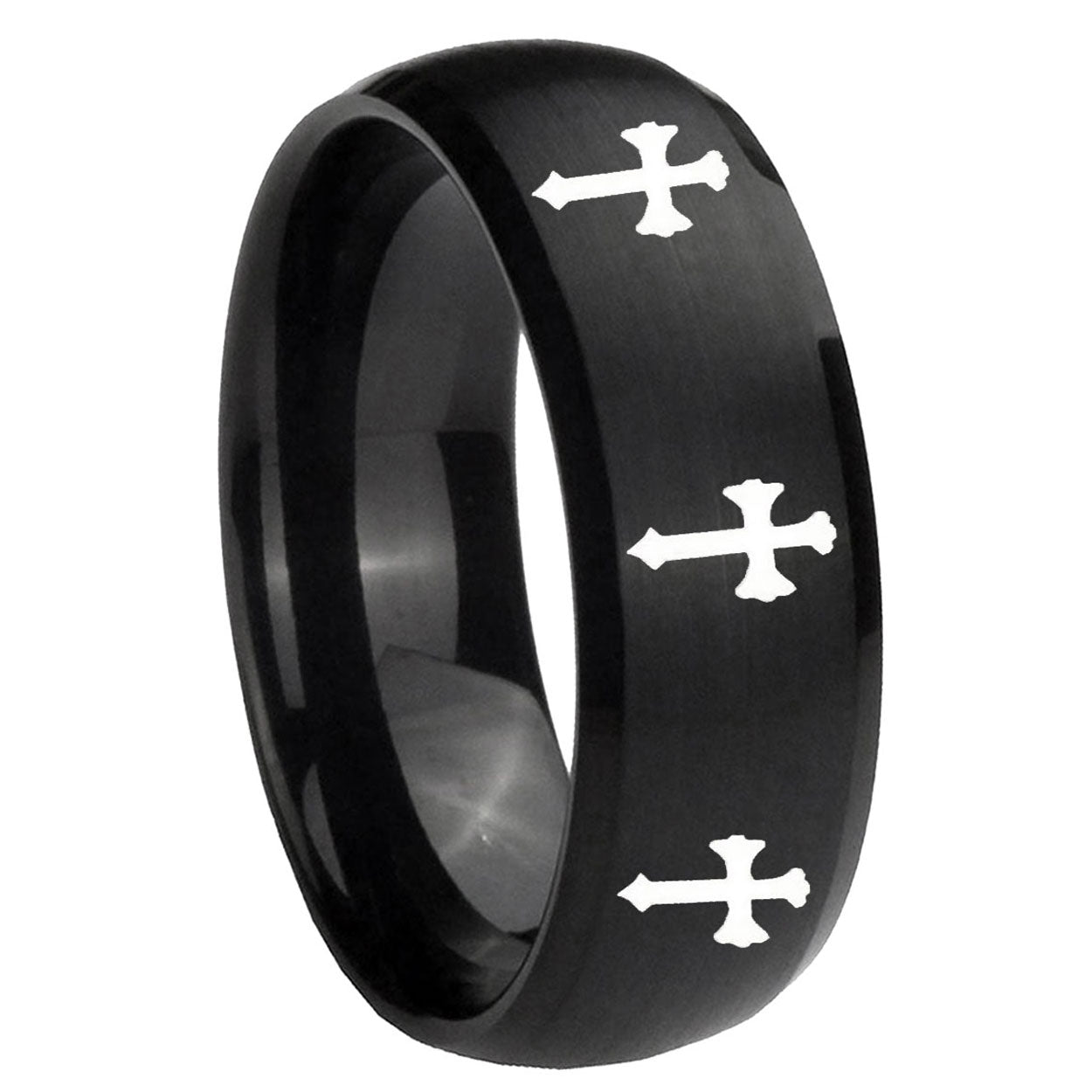 10mm Multiple Christian Cross Dome Brush Black Tungsten Custom Mens Ring