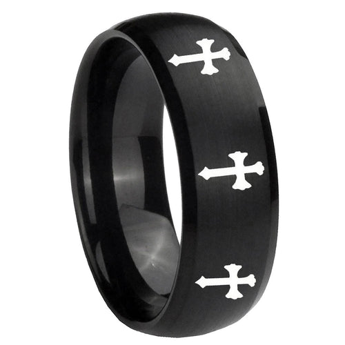 10mm Multiple Christian Cross Dome Brush Black Tungsten Custom Mens Ring