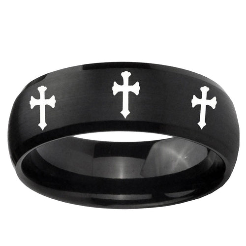 10mm Multiple Christian Cross Dome Brush Black Tungsten Ring