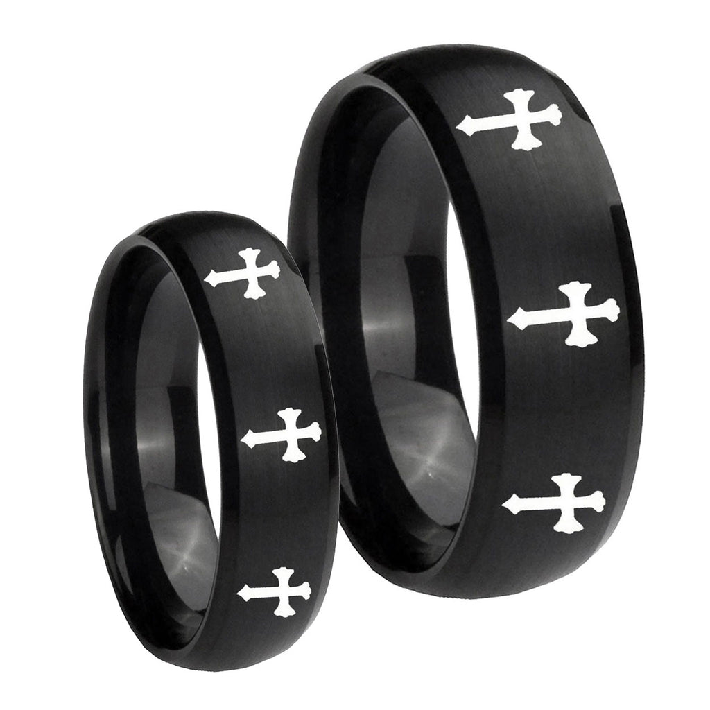Multiple Christian Cross Dome Brush Black Tungsten Wedding Ring Sets